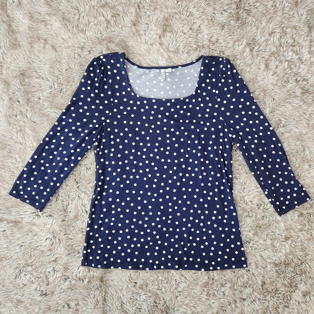 Elle Square Neck 3/4 Sleeve Blue and White Polka Dot‎ Top Women's Size Medium